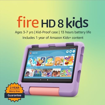 Amazon Fire HD 8 Kids tablet, ages 3-7. Top-selling 8" kids tablet on Amazon - 2023. Ad-free content with parental controls included, 13-hr battery, 32 GB, Purple