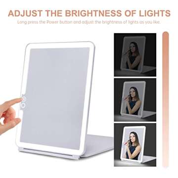 LED Foldable Tabletop Makeup Mirror for Travel, Cosmetic, Office - 7x9 inches,Portable, 3 Colors Light Modes USB Rechargeable Touch Screen, (White)
