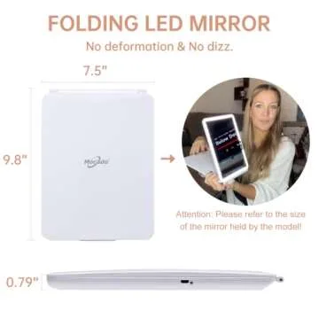 LED Foldable Tabletop Makeup Mirror for Travel, Cosmetic, Office - 7x9 inches,Portable, 3 Colors Light Modes USB Rechargeable Touch Screen, (White)