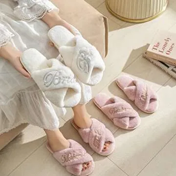 owiter Bridal Slipper Bridesmaid Gifts Bridal Shower Wedding Bridesmaid Bridal Shower Bachelorette Gifts (white bride silver, adult, women, medium