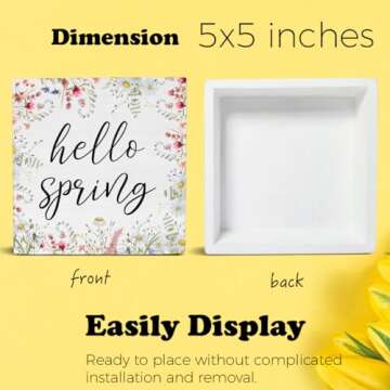 Spring Decor Farmhouse Spring Desk Decorations Wooden Sign, Hello Spring Wood Plaque Block Sign Rustic Home Decor 5 x 5 Inches