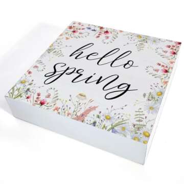Spring Decor Farmhouse Spring Desk Decorations Wooden Sign, Hello Spring Wood Plaque Block Sign Rustic Home Decor 5 x 5 Inches