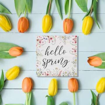 Spring Decor Farmhouse Spring Desk Decorations Wooden Sign, Hello Spring Wood Plaque Block Sign Rustic Home Decor 5 x 5 Inches