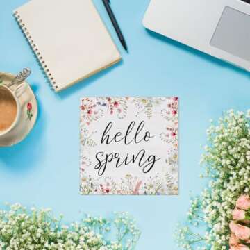 Spring Decor Farmhouse Spring Desk Decorations Wooden Sign, Hello Spring Wood Plaque Block Sign Rustic Home Decor 5 x 5 Inches