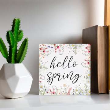 Spring Decor Farmhouse Spring Desk Decorations Wooden Sign, Hello Spring Wood Plaque Block Sign Rustic Home Decor 5 x 5 Inches