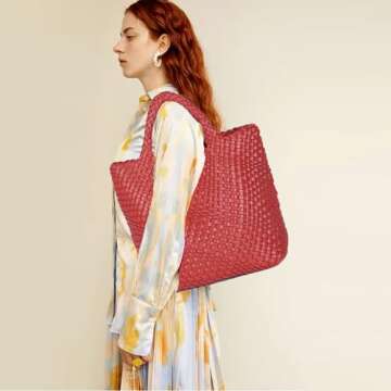 JINMANXUE Vegan Leather Woven Tote Bag - Chic, Eco-Friendly, Large Capacity