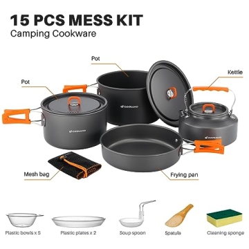 Odoland 15pcs Lightweight Camping Cookware Set for Outdoor Cooking