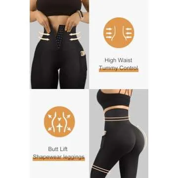 MOOSLOVER Women Corset High Waisted Leggings with Pockets Tummy Control Body Shaper Yoga Pants(L,Black)