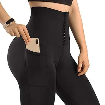 MOOSLOVER Women Corset High Waisted Leggings with Pockets Tummy Control Body Shaper Yoga Pants(L,Black)