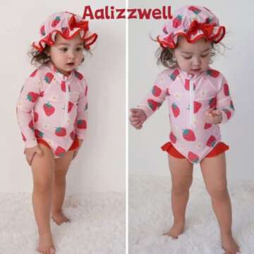 Aalizzwell Infant Baby Girls One Piece Long Sleeve Swimsuit Strawberry Bathing Suit Zip Up Swimwear Beach Wear 3-6 Months Fruit