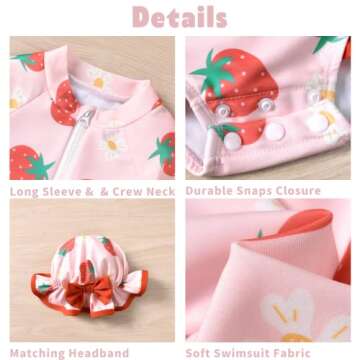 Aalizzwell Infant Baby Girls One Piece Long Sleeve Swimsuit Strawberry Bathing Suit Zip Up Swimwear Beach Wear 3-6 Months Fruit