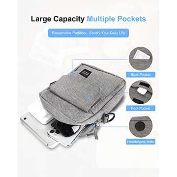 Grey Small Side Shoulder Bag Crossbody Bag for Men Women Mini Messenger Bag Satchel Bag Travel Purse Wallet Passport Holder Bag, Cell Phone Purse Neck Pouch Wallet- Unisex Large Size