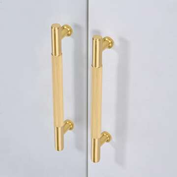 SALISENG-5 Pack Brushed Gold Cabinet Handles, Solid Brass Kitchen Drawer Pulls, 5 Inches Furniture Door Handles for Cupboard Bedroom Wardrobe(Arina)