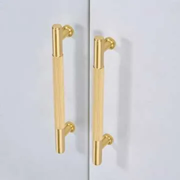 SALISENG-5 Pack Brushed Gold Cabinet Handles, Solid Brass Kitchen Drawer Pulls, 5 Inches Furniture Door Handles for Cupboard Bedroom Wardrobe(Arina)