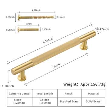 SALISENG-5 Pack Brushed Gold Cabinet Handles, Solid Brass Kitchen Drawer Pulls, 5 Inches Furniture Door Handles for Cupboard Bedroom Wardrobe(Arina)