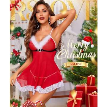 RSLOVE Womens Sexy Christmas Lingerie Red Santa Babydoll Lace Chemises Sleepwear Red L