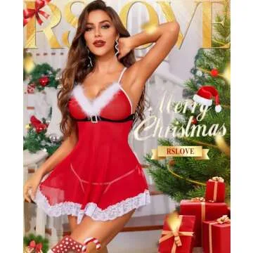 RSLOVE Womens Sexy Christmas Lingerie Red Santa Babydoll Lace Chemises Sleepwear Red L