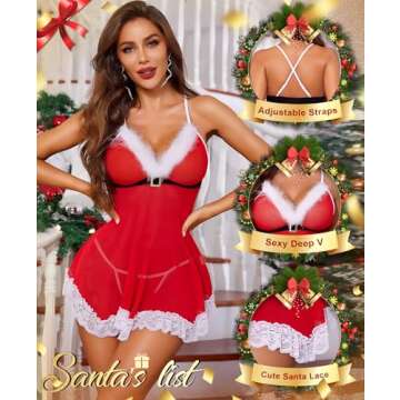 RSLOVE Womens Sexy Christmas Lingerie Red Santa Babydoll Lace Chemises Sleepwear Red L