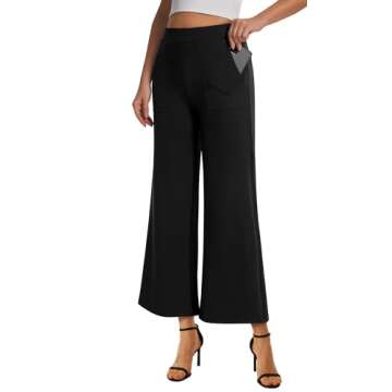 AFITNE Women's Wide Leg Yoga Dress Pants High Waist Pull On Stretchy Work Pants Business Casual Lounge Ankle Cropped Trousers 26" Black, M