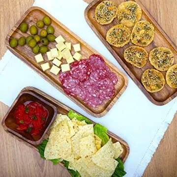 11.8 Inch Solid Wood Serving Platters and Trays Set of 3 Highly Durable Dishwasher Safe Rectangular Party Plates Avoid Sliding and Spilling Food with Easy Carry Grooved Handle Design