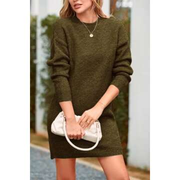 PRETTYGARDEN Women's 2025 Fall Knit Pullover Sweaters Long Sleeve Crewneck Oversized Loose Short Sweater Dress (Army Green,Large)