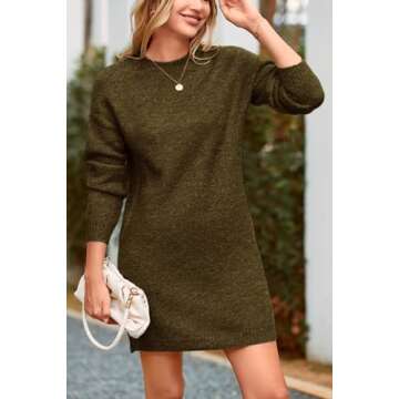PRETTYGARDEN Women's 2025 Fall Knit Pullover Sweaters Long Sleeve Crewneck Oversized Loose Short Sweater Dress (Army Green,Large)