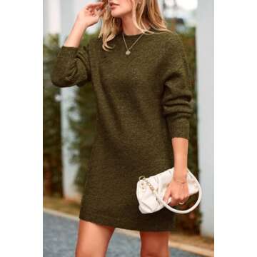 PRETTYGARDEN Women's 2025 Fall Knit Pullover Sweaters Long Sleeve Crewneck Oversized Loose Short Sweater Dress (Army Green,Large)