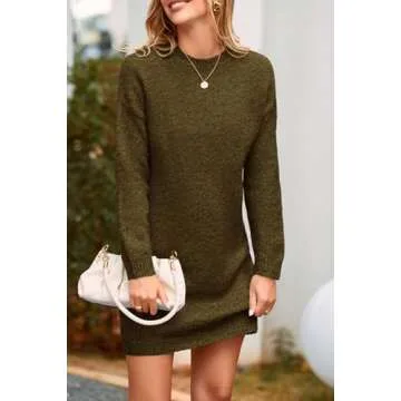 PRETTYGARDEN Women's 2025 Fall Knit Pullover Sweaters Long Sleeve Crewneck Oversized Loose Short Sweater Dress (Army Green,Large)