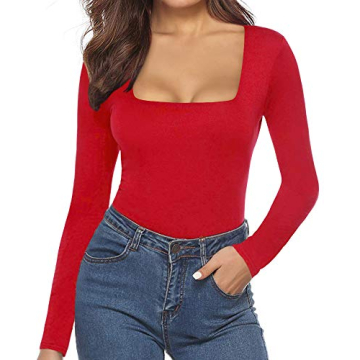 MANGOPOP Women's Square Neck Long Sleeve Bodysuit Red