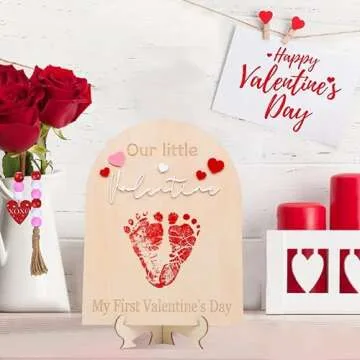 My First Valentine Footprint Wood Board - Our Little Valentine Wood Sign Milestone, Baby Footprint Wood Craft, First Valentine Keepsake Milestone,Tiny Little Valentine Sign Baby DIY Wooden Board