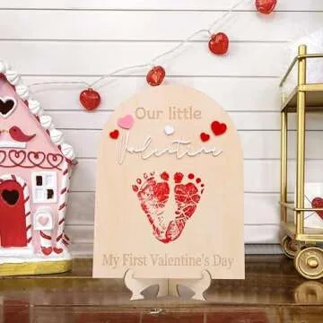 My First Valentine Footprint Wood Board - Our Little Valentine Wood Sign Milestone, Baby Footprint Wood Craft, First Valentine Keepsake Milestone,Tiny Little Valentine Sign Baby DIY Wooden Board