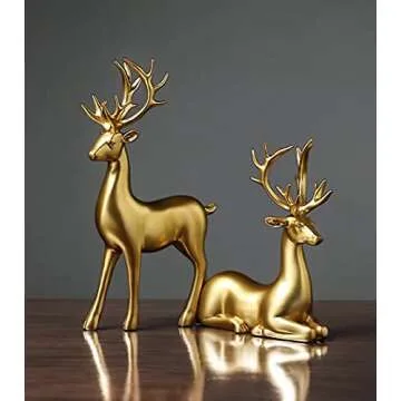 Luganiso Standing and Sitting Reindeer Resin Sculpture Set - 2pcs Lucky Deer Statues for Home Decor