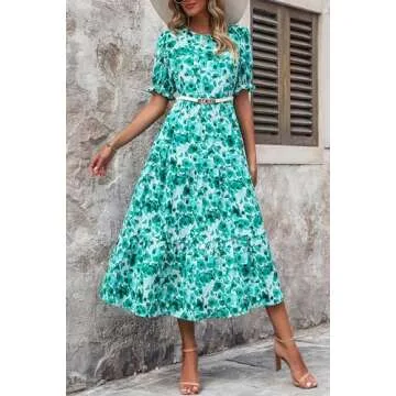 PRETTYGARDEN Women's Summer Casual Boho Dress Floral Print Ruffle Puff Short Sleeve Flowy Midi Beach Party Dresses (Floral Green,Small)