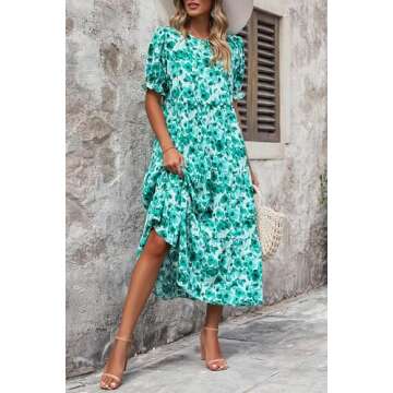PRETTYGARDEN Women's Summer Casual Boho Dress Floral Print Ruffle Puff Short Sleeve Flowy Midi Beach Party Dresses (Floral Green,Small)