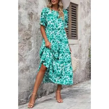 PRETTYGARDEN Women's Summer Casual Boho Dress Floral Print Ruffle Puff Short Sleeve Flowy Midi Beach Party Dresses (Floral Green,Small)