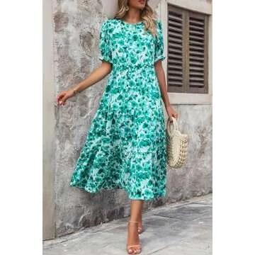 PRETTYGARDEN Women's Summer Casual Boho Dress Floral Print Ruffle Puff Short Sleeve Flowy Midi Beach Party Dresses (Floral Green,Small)