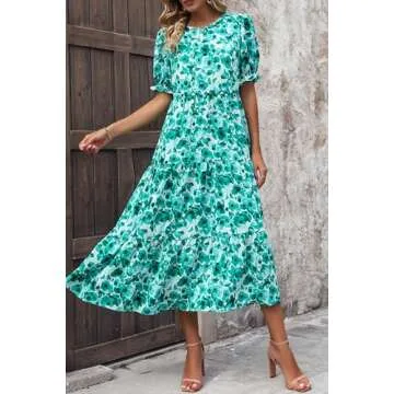 PRETTYGARDEN Women's Summer Casual Boho Dress Floral Print Ruffle Puff Short Sleeve Flowy Midi Beach Party Dresses (Floral Green,Small)