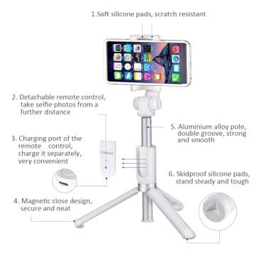 Pokanic Selfie Stick Tripod with Wireless Remote Controller Pouch Extendable Adjustable Stand Mount Light-Weight V-Log Compatible with All Apple iPhone, Samsung Galaxy (White)