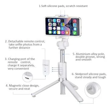 Pokanic Selfie Stick Tripod with Wireless Remote Controller Pouch Extendable Adjustable Stand Mount Light-Weight V-Log Compatible with All Apple iPhone, Samsung Galaxy (White)