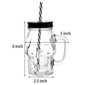 TOPZEA 6 Pack Skull Mason Mug with Handle, 16oz Clear Glass Skull Drinking Mug Old Fashioned Mason Jar Tumbler Cup with Lid & Straw, Bar Drinking Glasses for Cocktail, Beer, Milkshakes, Iced Coffee