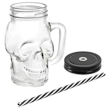 TOPZEA 6 Pack Skull Mason Mug with Handle, 16oz Clear Glass Skull Drinking Mug Old Fashioned Mason Jar Tumbler Cup with Lid & Straw, Bar Drinking Glasses for Cocktail, Beer, Milkshakes, Iced Coffee