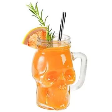 TOPZEA 6 Pack Skull Mason Mug with Handle, 16oz Clear Glass Skull Drinking Mug Old Fashioned Mason Jar Tumbler Cup with Lid & Straw, Bar Drinking Glasses for Cocktail, Beer, Milkshakes, Iced Coffee