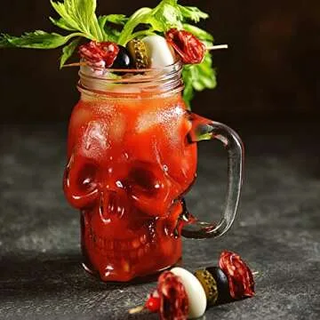 TOPZEA 6 Pack Skull Mason Mug with Handle, 16oz Clear Glass Skull Drinking Mug Old Fashioned Mason Jar Tumbler Cup with Lid & Straw, Bar Drinking Glasses for Cocktail, Beer, Milkshakes, Iced Coffee