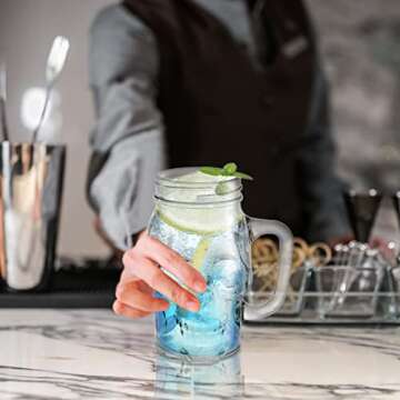 TOPZEA 6 Pack Skull Mason Mug with Handle, 16oz Clear Glass Skull Drinking Mug Old Fashioned Mason Jar Tumbler Cup with Lid & Straw, Bar Drinking Glasses for Cocktail, Beer, Milkshakes, Iced Coffee