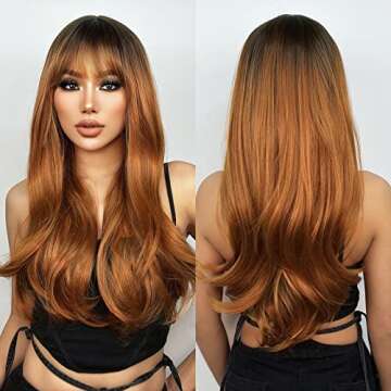 Earfodo Light Auburn Wigs With Bangs Ombre Red Copper Wigs for Women 26 Inch Natural Hair Wig With D...
