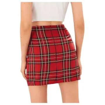 WDIRARA Women's Plaid Skirt High Waist Split Front Zip Up Mini Bodycon Skirt in Red