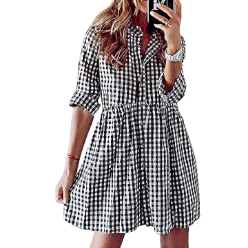 FANCYINN Women's Gingham Stand Collar Shirt Dress Button Down Casual Long Sleeve Tie Sleeves Mini Pl...
