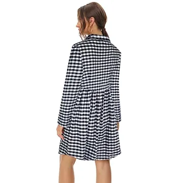 FANCYINN Women's Gingham Stand Collar Shirt Dress Button Down Casual Long Sleeve Tie Sleeves Mini Plaid Shirt Dresses Black and White XL