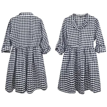 FANCYINN Women's Gingham Stand Collar Shirt Dress Button Down Casual Long Sleeve Tie Sleeves Mini Plaid Shirt Dresses Black and White XL