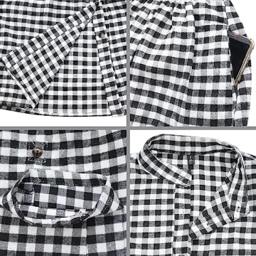 FANCYINN Women's Gingham Stand Collar Shirt Dress Button Down Casual Long Sleeve Tie Sleeves Mini Plaid Shirt Dresses Black and White XL